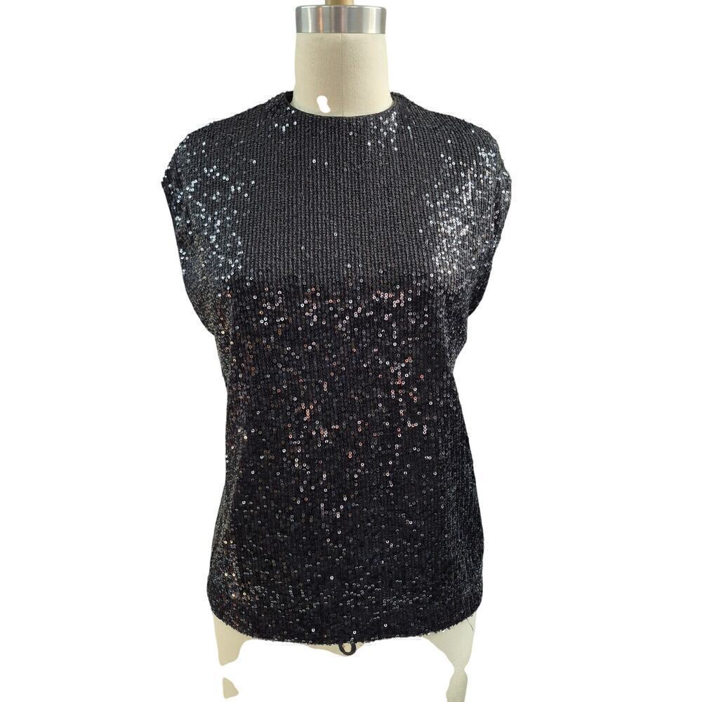 NWT Calvin Klein Fully Sequined Black Poly Spandex Top Shell  Zipper Back Sz S